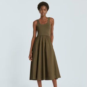 Olive Green Scoop Neck Midi Summer Dress Made from Cotton and Viscose